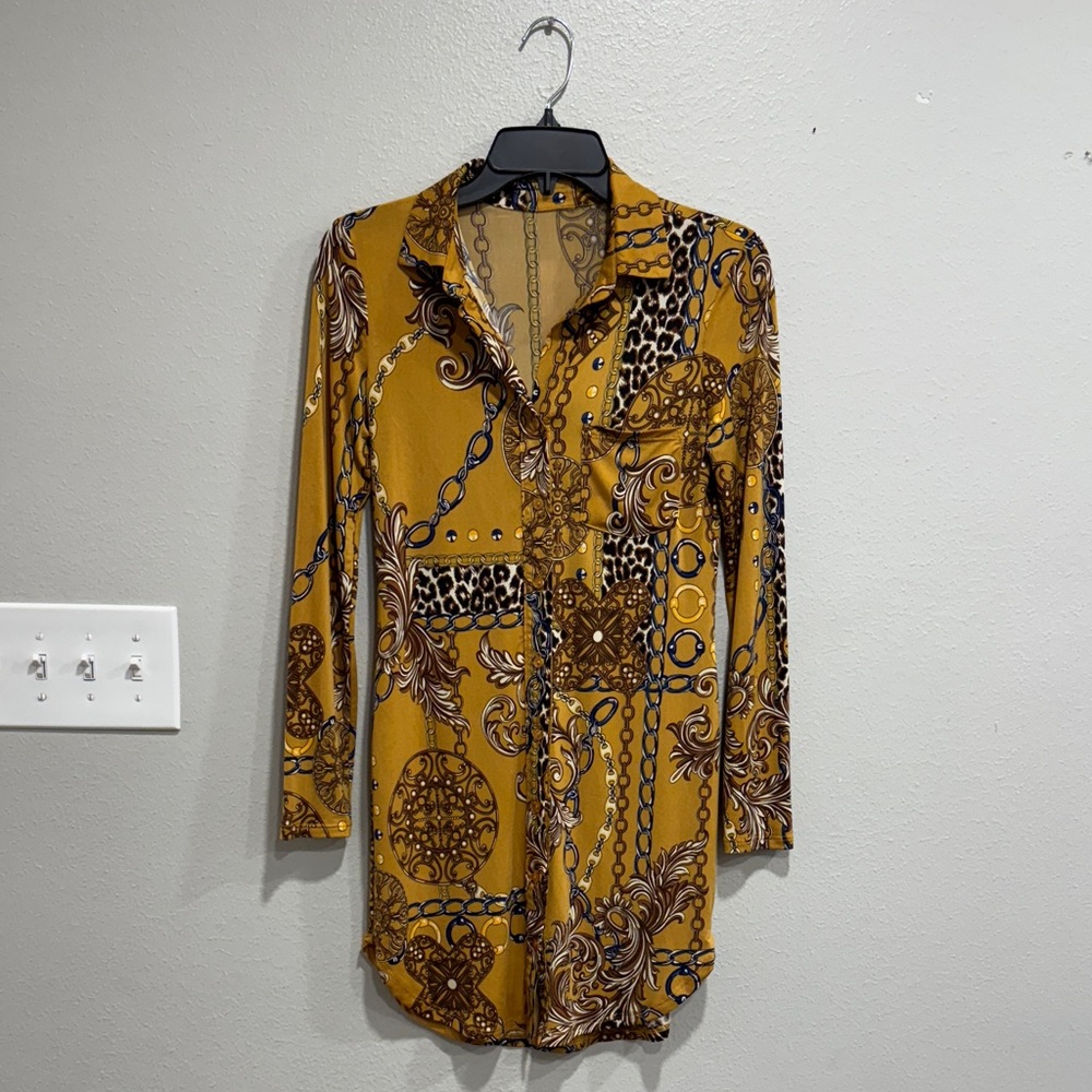 Source Unknown Gold and Brown Long Sleeve Dress